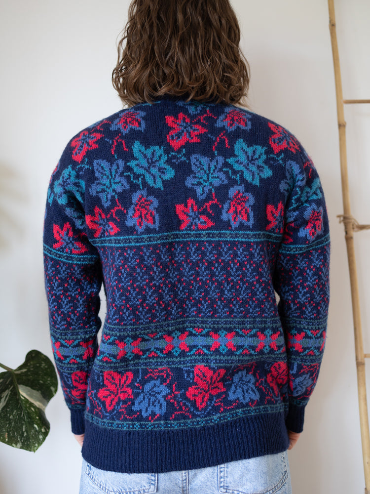 80s Laura Ashley Navy Leaf Jumper - S