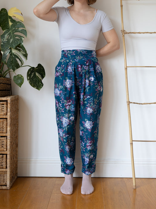 80s Teal Floral Corduroy Trousers - 30"