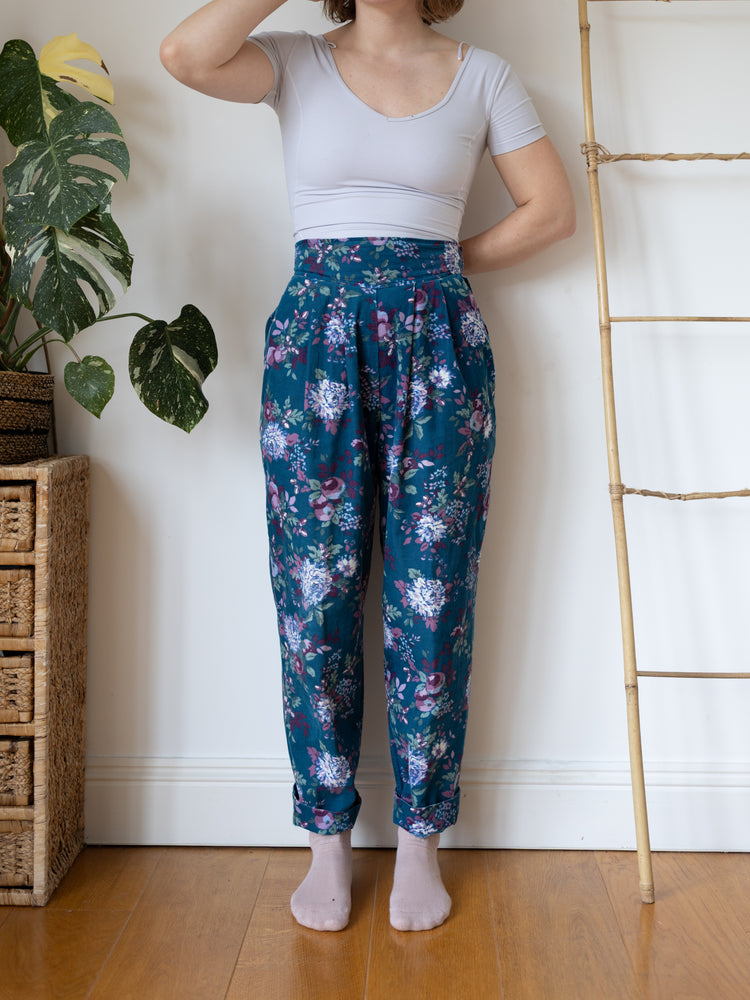 80s Teal Floral Corduroy Trousers - 30"