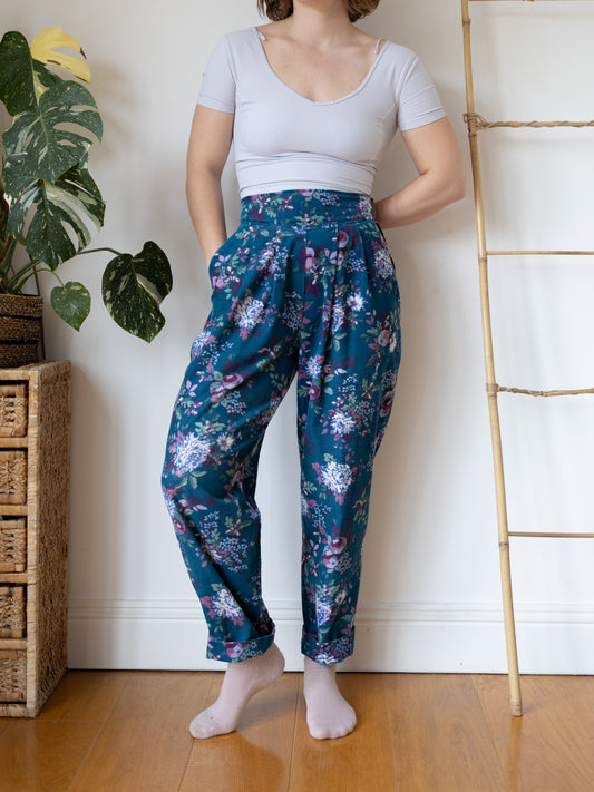 80s Teal Floral Corduroy Trousers - 30"