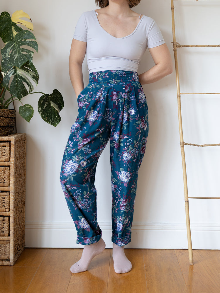 80s Teal Floral Corduroy Trousers - 30"