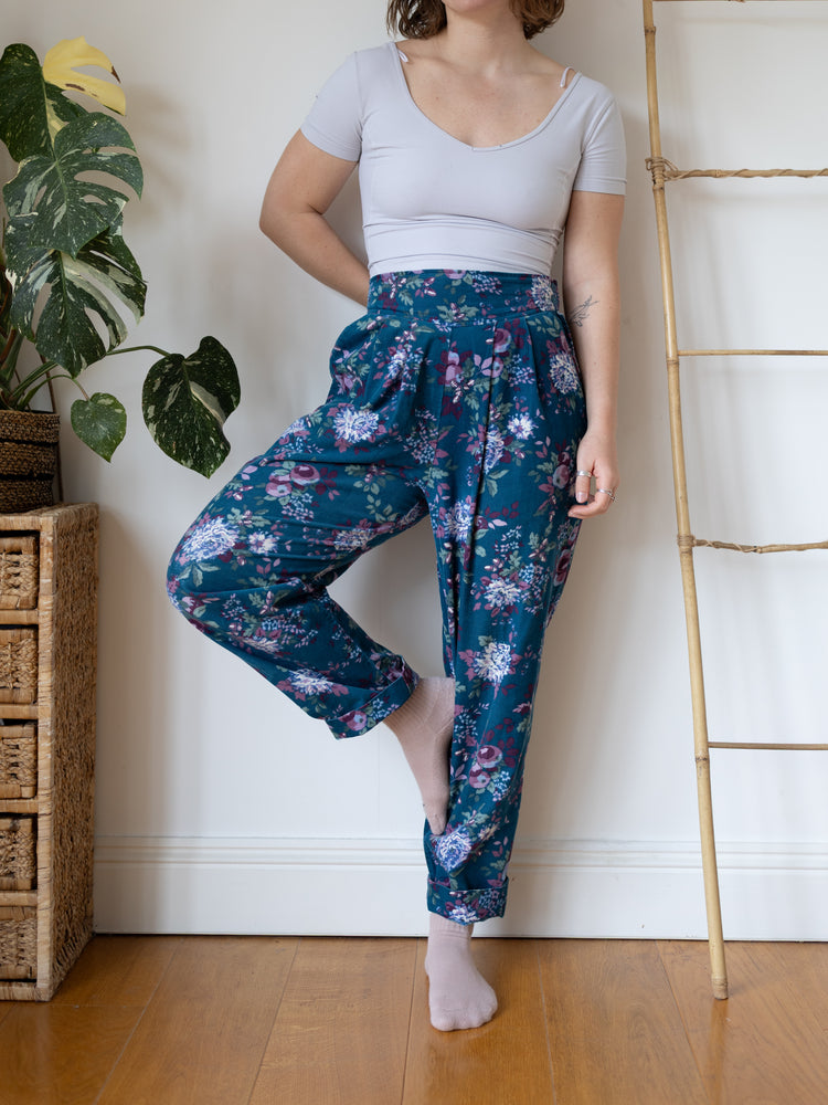 80s Teal Floral Corduroy Trousers - 30"