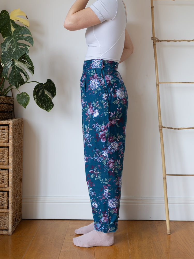 80s Teal Floral Corduroy Trousers - 30"