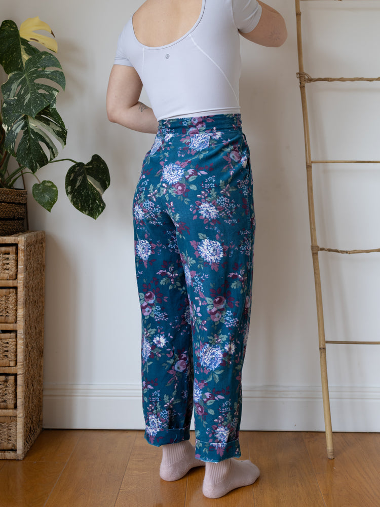 80s Teal Floral Corduroy Trousers - 30"