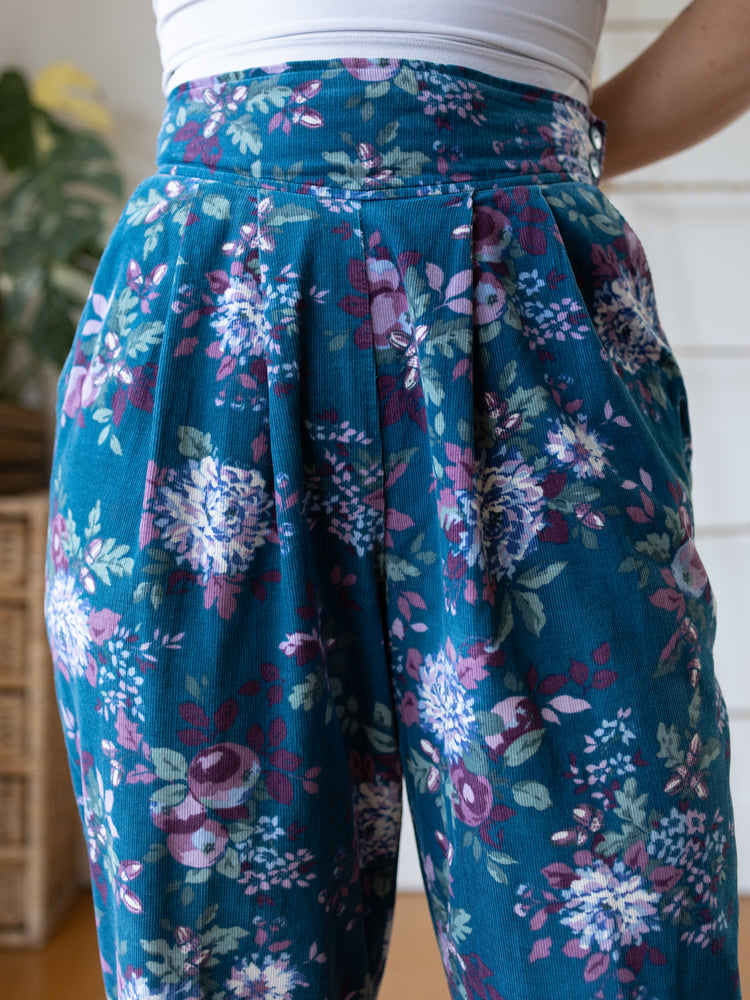 80s Teal Floral Corduroy Trousers - 30"
