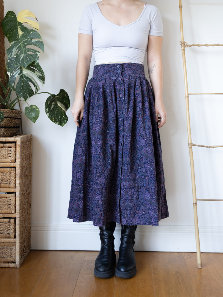 80s Laura Ashley Purple & Black Paisley Corduroy Skirt - 29"