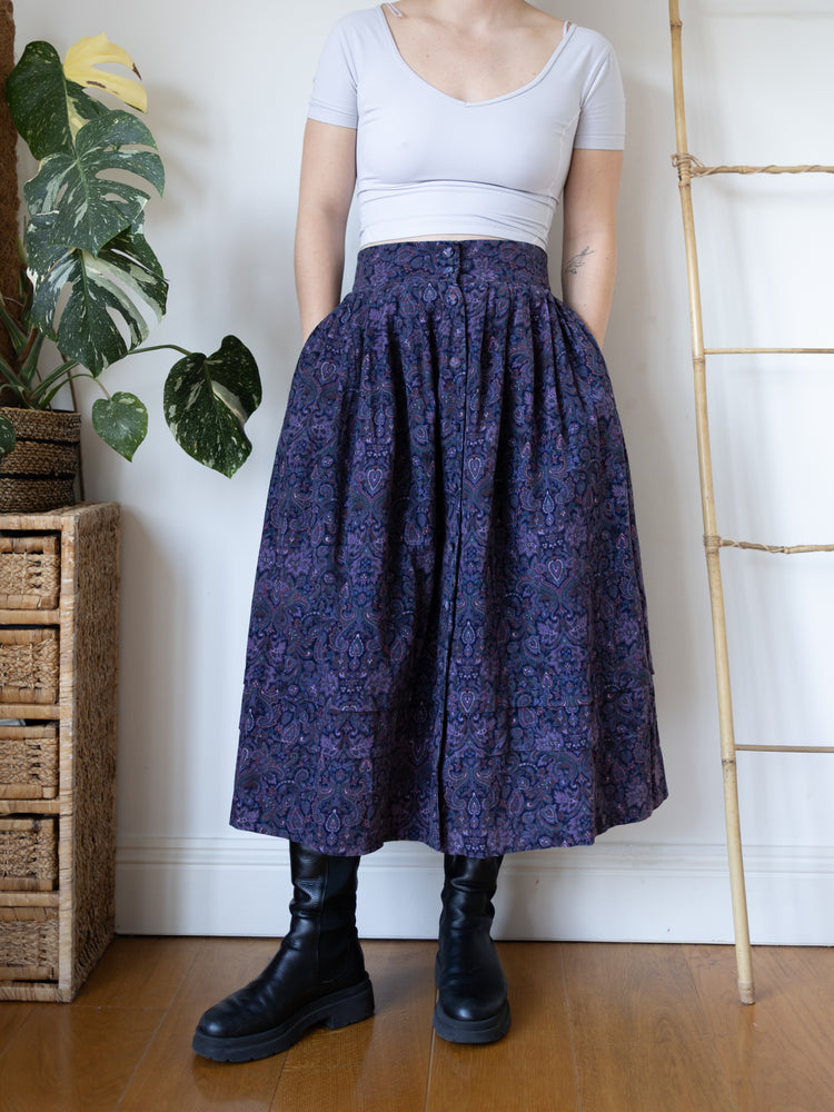 80s Laura Ashley Purple & Black Paisley Corduroy Skirt - 29"