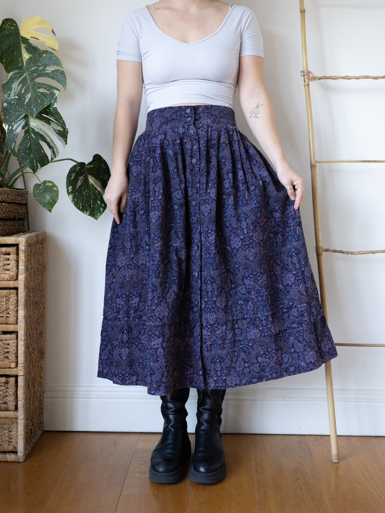 80s Laura Ashley Purple & Black Paisley Corduroy Skirt - 29"