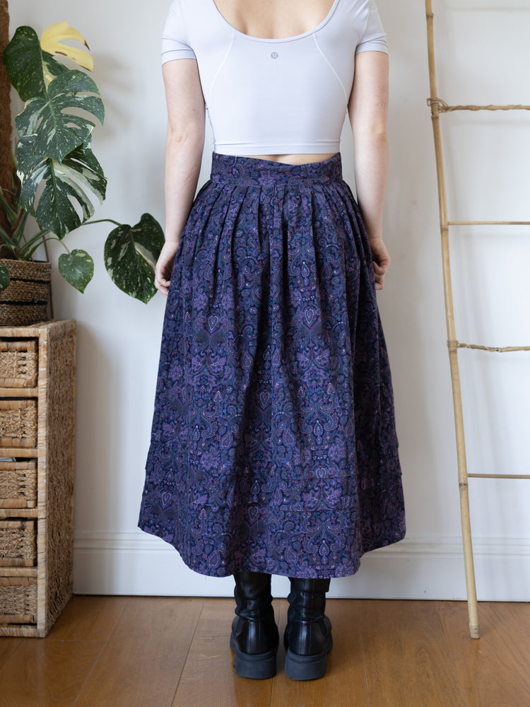 80s Laura Ashley Purple & Black Paisley Corduroy Skirt - 29"
