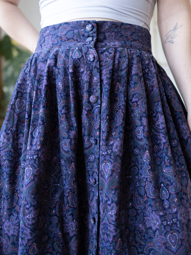 80s Laura Ashley Purple & Black Paisley Corduroy Skirt - 29"