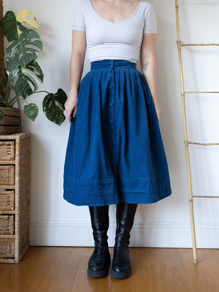 80s Laura Ashley Blue Corduroy Skirt - 26"