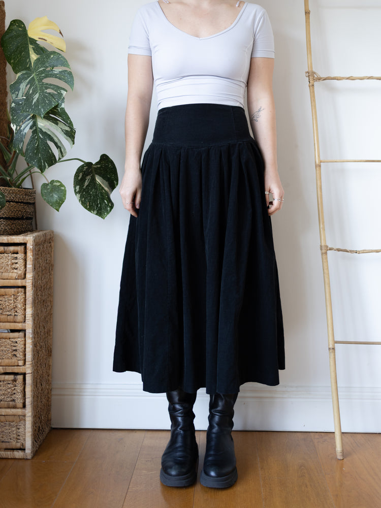80s Laura Ashley Black Corduroy Skirt with Tie Back - 29"
