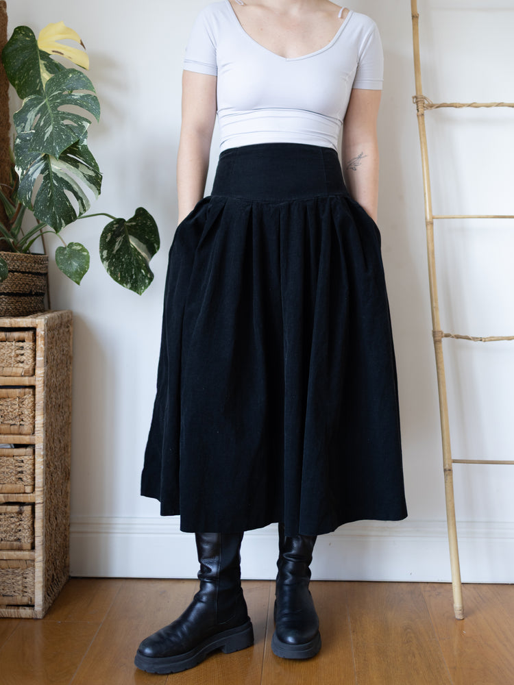 80s Laura Ashley Black Corduroy Skirt with Tie Back - 29"