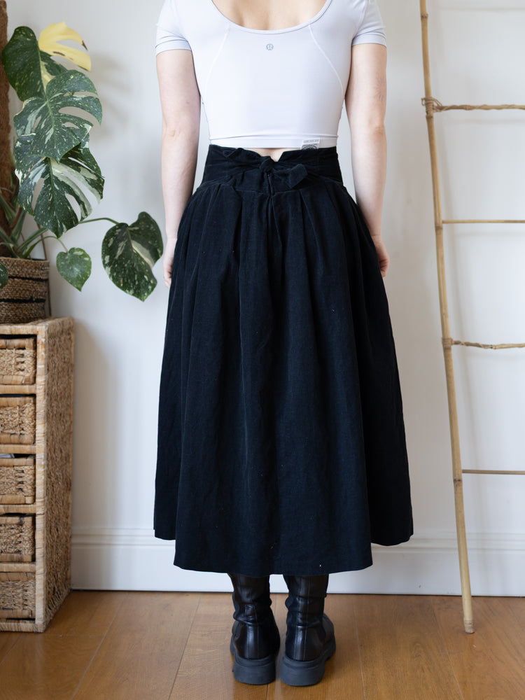 80s Laura Ashley Black Corduroy Skirt with Tie Back - 29"
