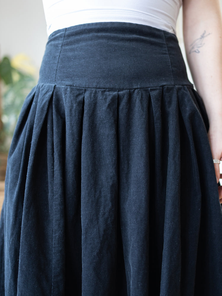 80s Laura Ashley Black Corduroy Skirt with Tie Back - 29"