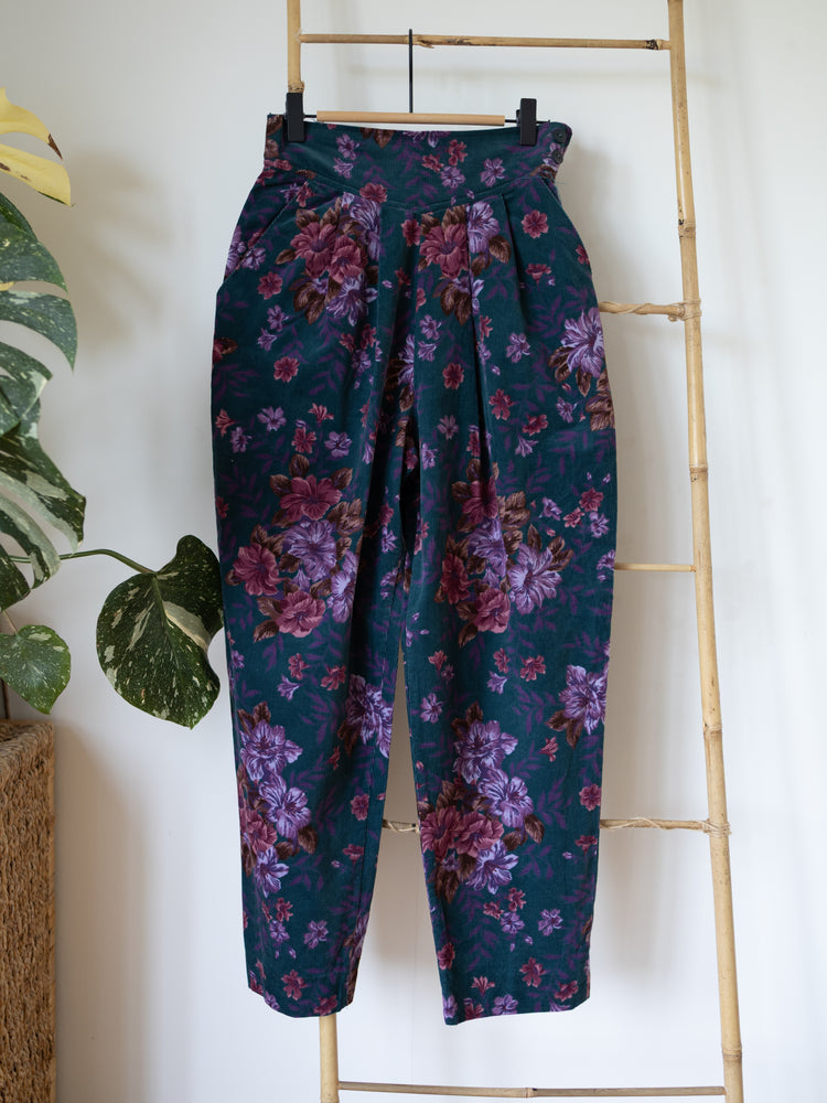 80s Teal Floral Corduroy Trousers - 25"