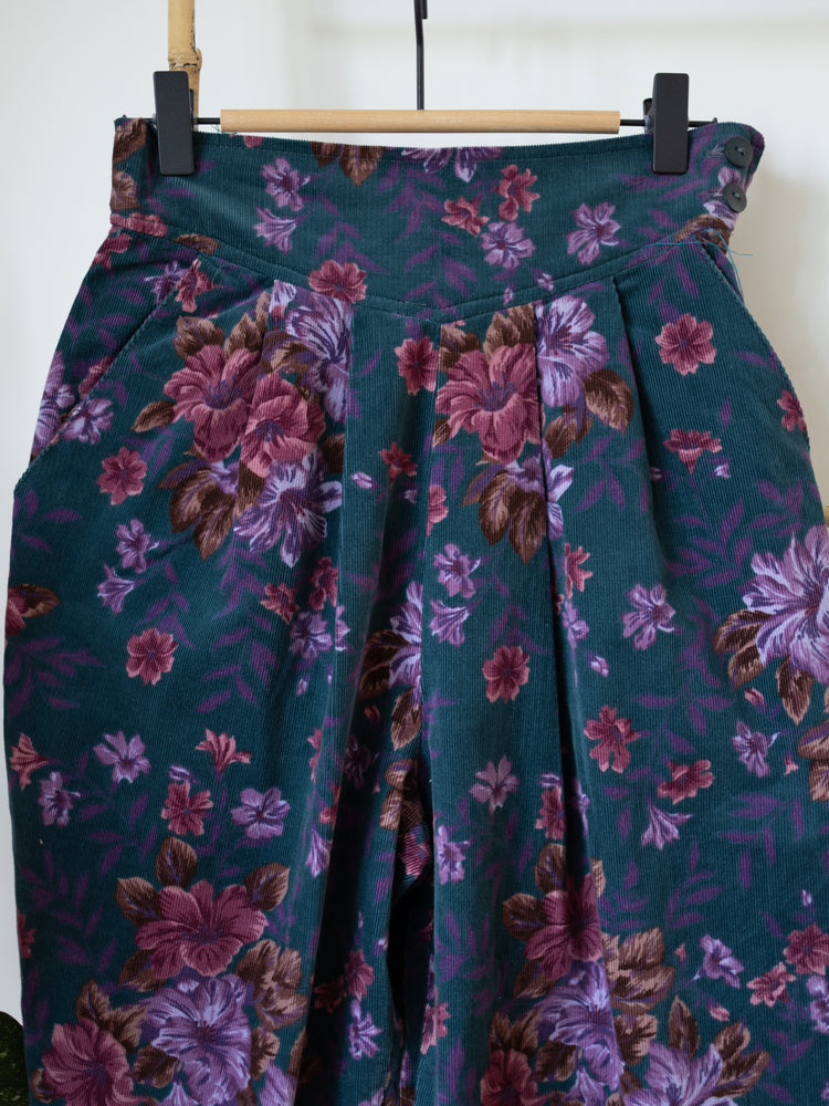 80s Teal Floral Corduroy Trousers - 25"
