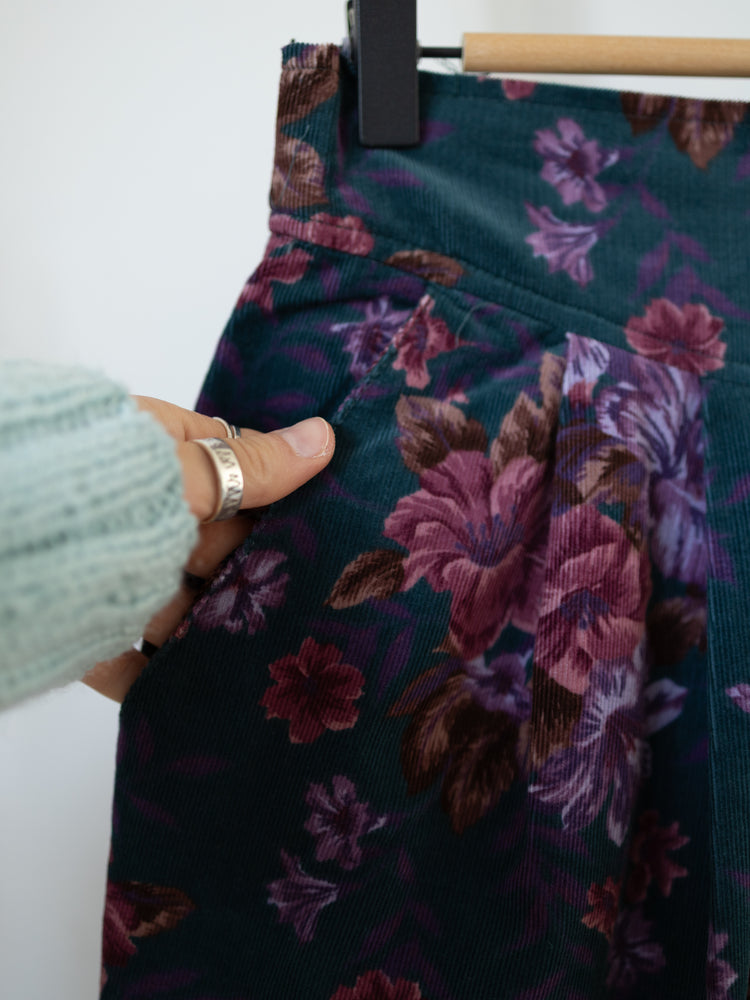 80s Teal Floral Corduroy Trousers - 25"