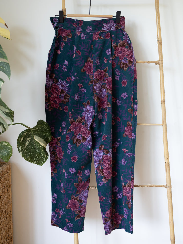 80s Teal Floral Corduroy Trousers - 25"