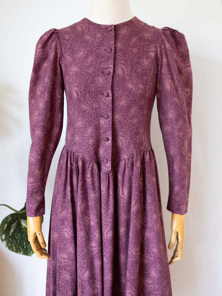 80s Laura Ashley Burgundy Floral Dress - XS
