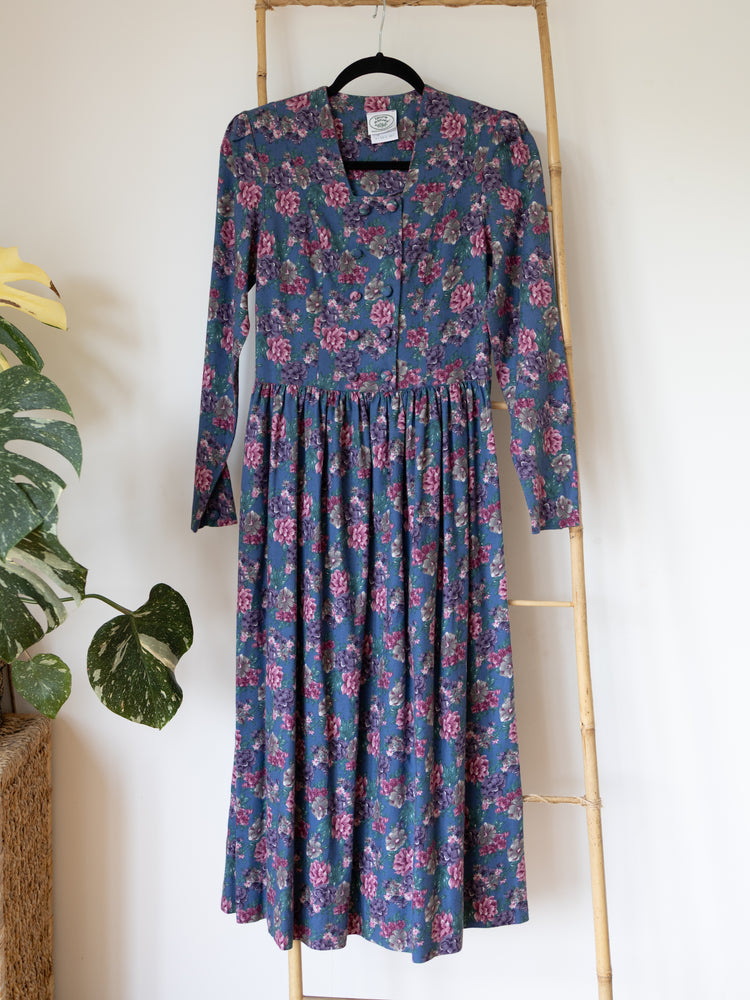 80s Laura Ashley Teal Floral Double Breasted Dress - XS