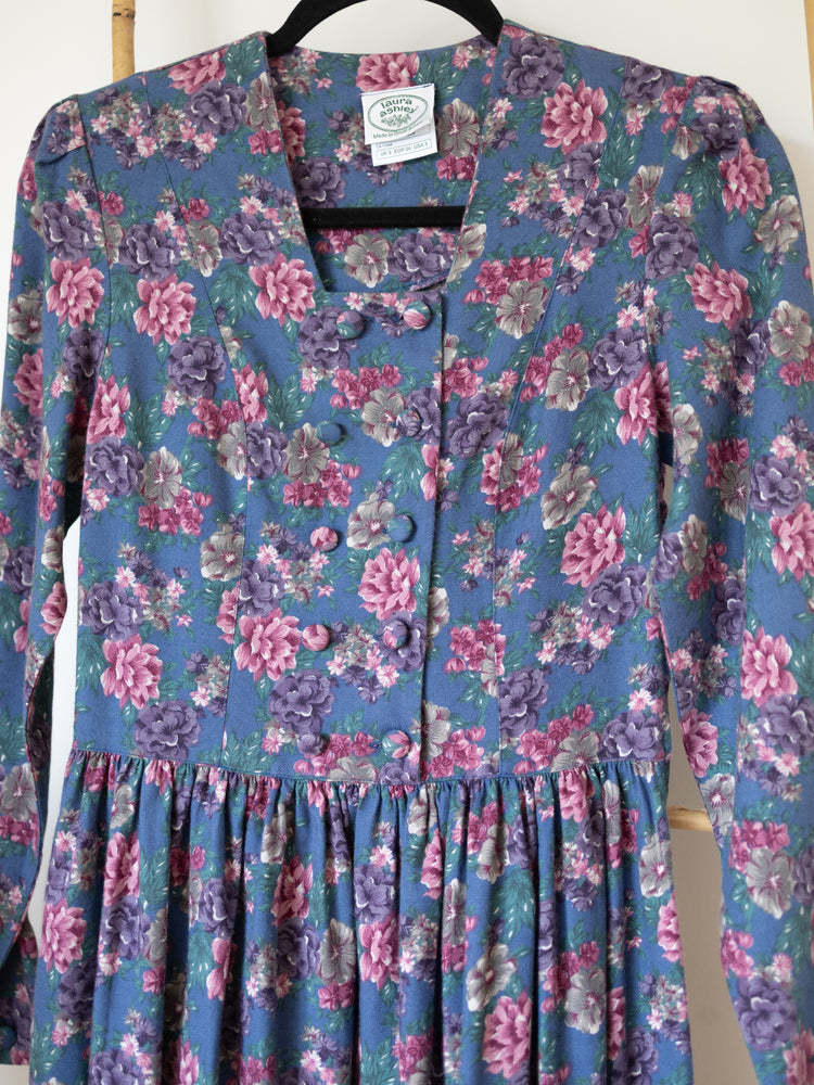 80s Laura Ashley Teal Floral Double Breasted Dress - XS