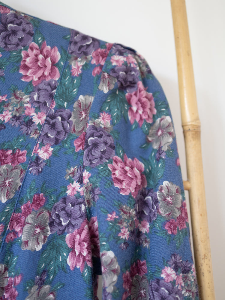 80s Laura Ashley Teal Floral Double Breasted Dress - XS