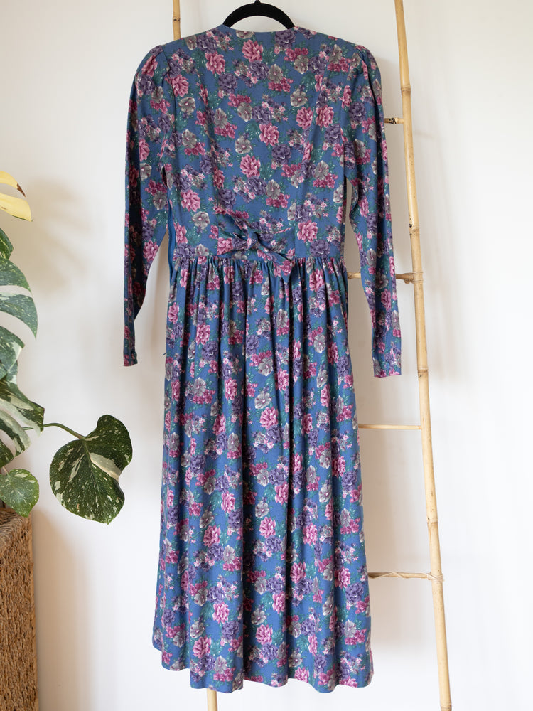80s Laura Ashley Teal Floral Double Breasted Dress - XS