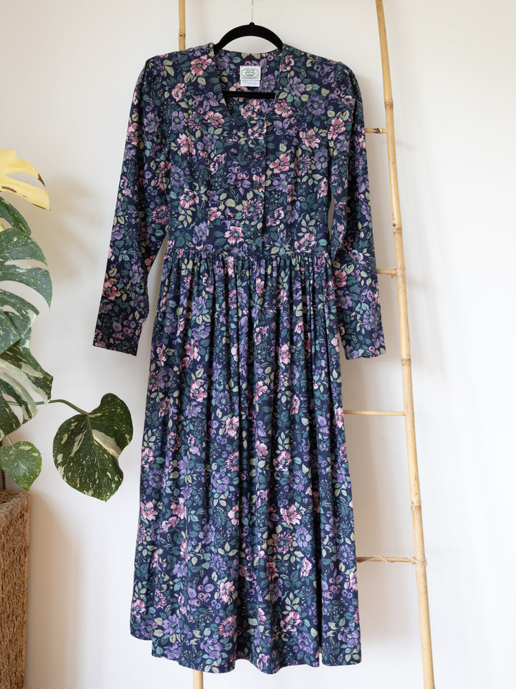 80s Laura Ashley Navy Floral Double Breasted Dress - XS