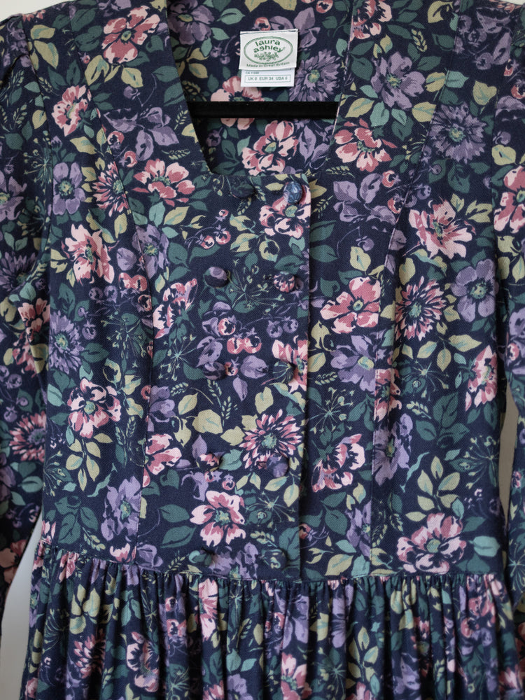 80s Laura Ashley Navy Floral Double Breasted Dress - XS