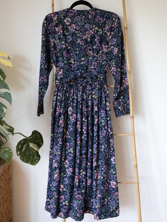 80s Laura Ashley Navy Floral Double Breasted Dress - XS