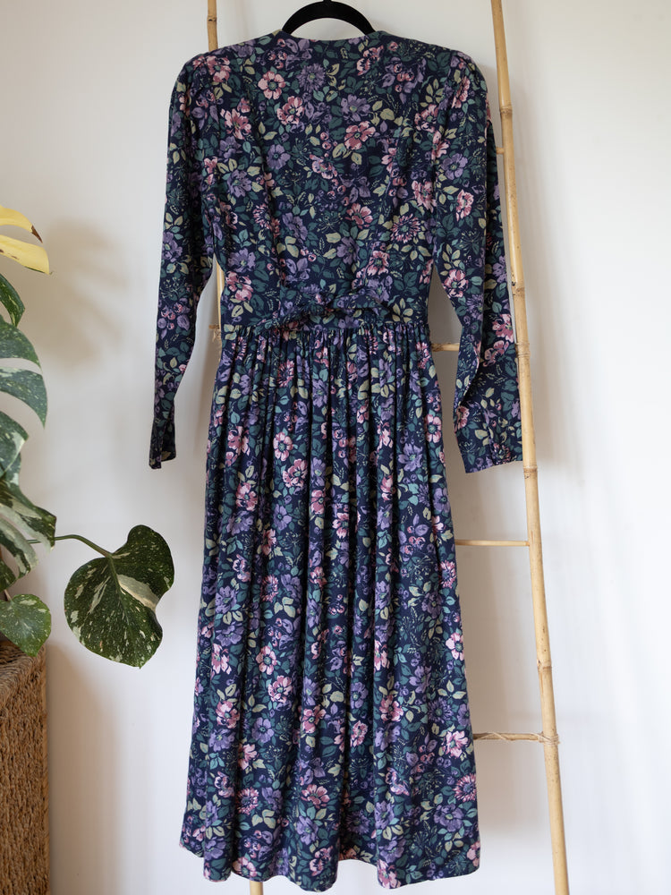 80s Laura Ashley Navy Floral Double Breasted Dress - XS