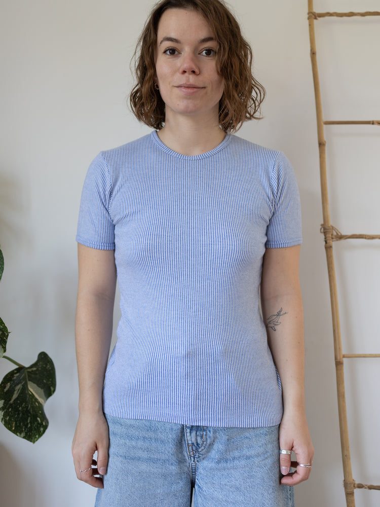 90s St Michael Blue Striped T-Shirt - S