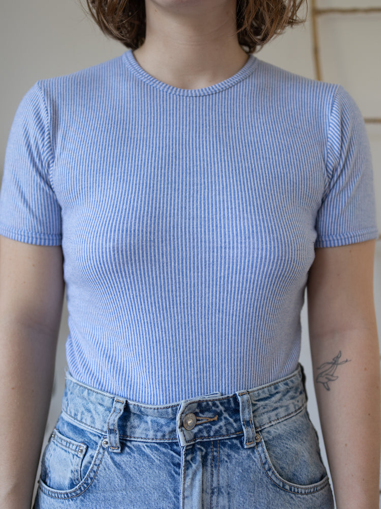 90s St Michael Blue Striped T-Shirt - S