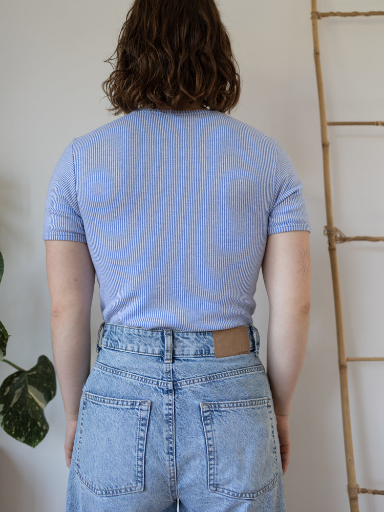 90s St Michael Blue Striped T-Shirt - S