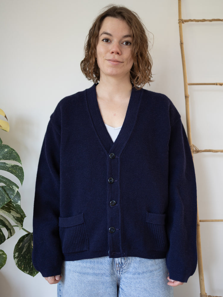 80s Navy Wool Cardigan - XL