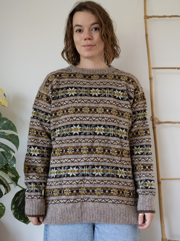 80s Brown Fair Isle Wool Jumper - L