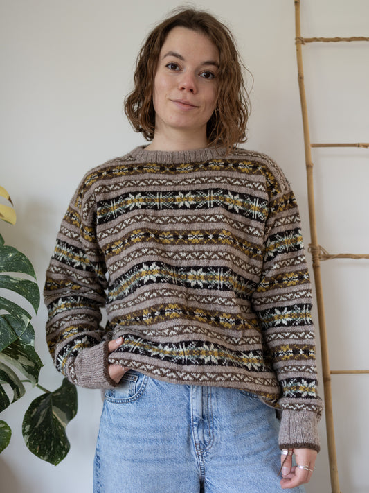 80s Brown Fair Isle Wool Jumper - L