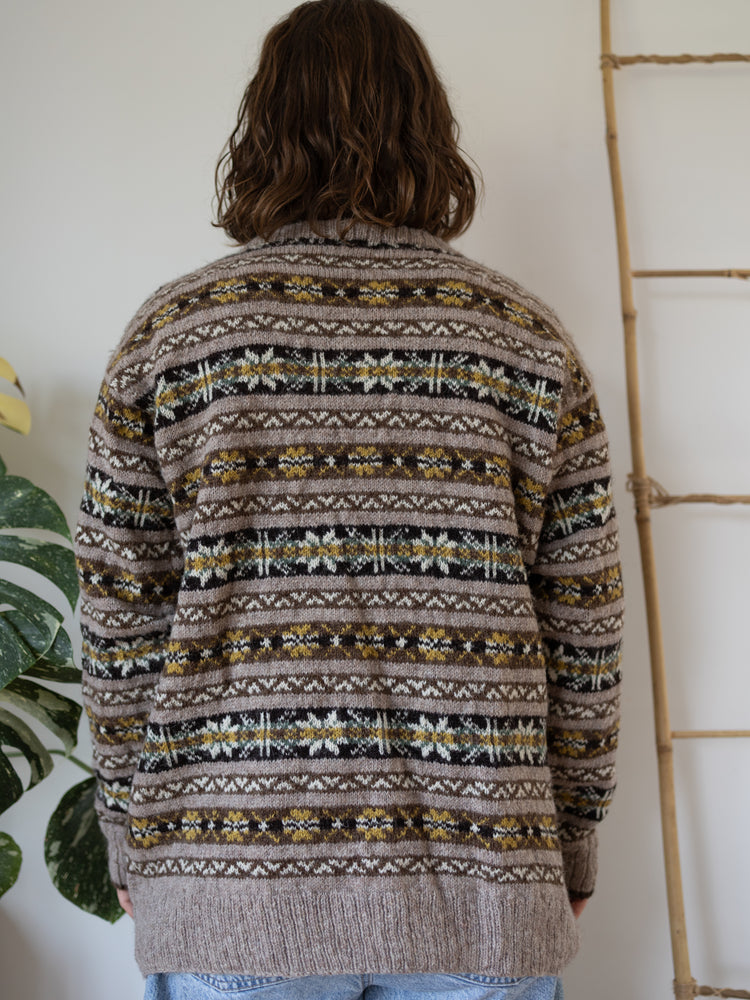 80s Brown Fair Isle Wool Jumper - L