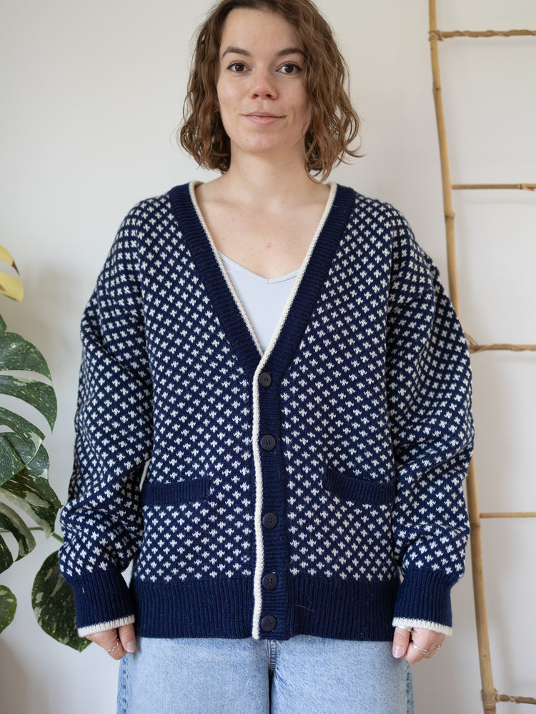 90s C&A Navy Birdseye Cardigan - L