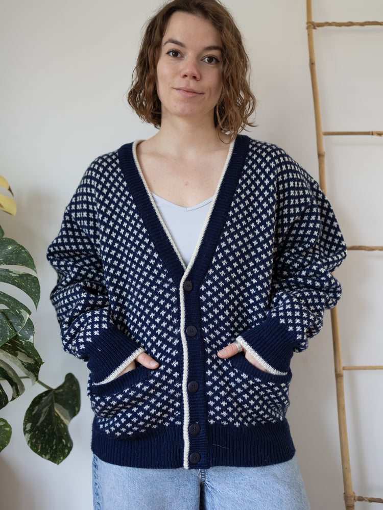 90s C&A Navy Birdseye Cardigan - L