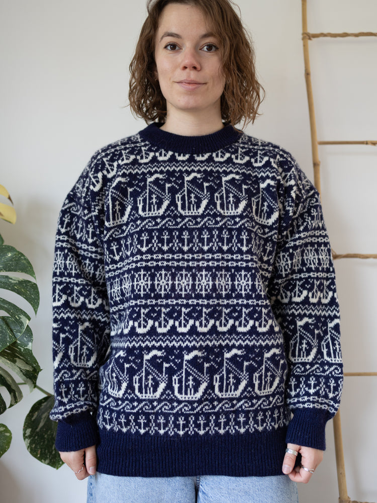 90s Navy Nautical Wool Jumper - M