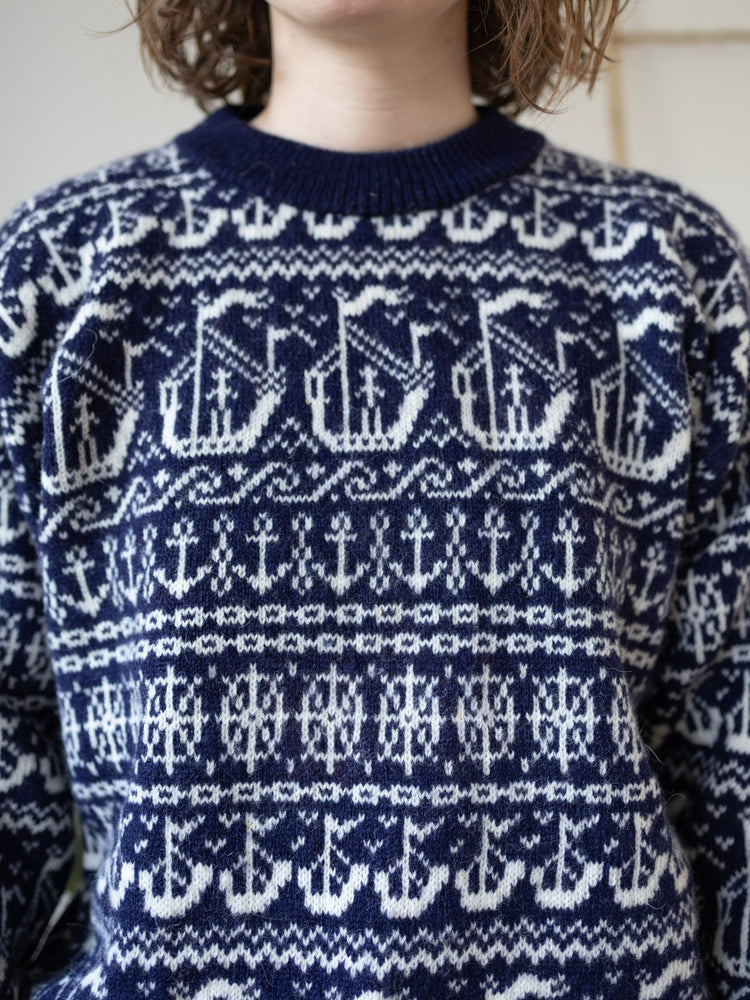 90s Navy Nautical Wool Jumper - M