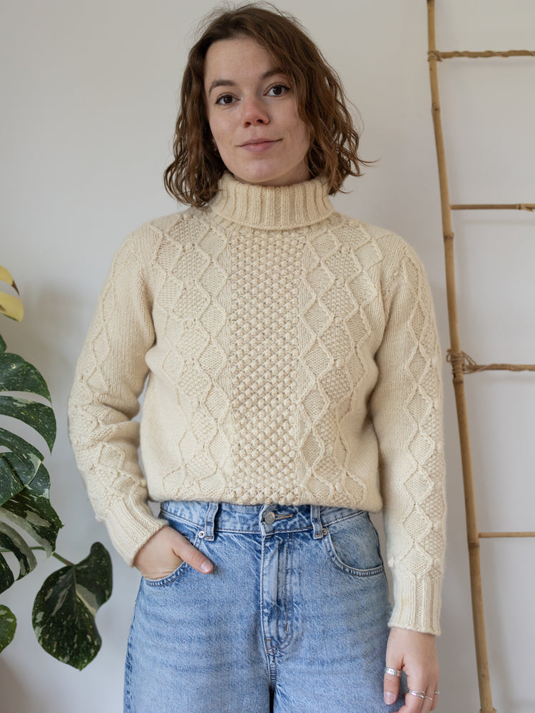 90s Cream Aran Wool Turtleneck - S