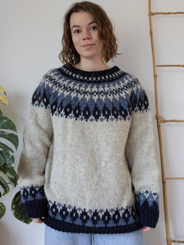 90s Blue Icelandic Style Wool Jumper - XL