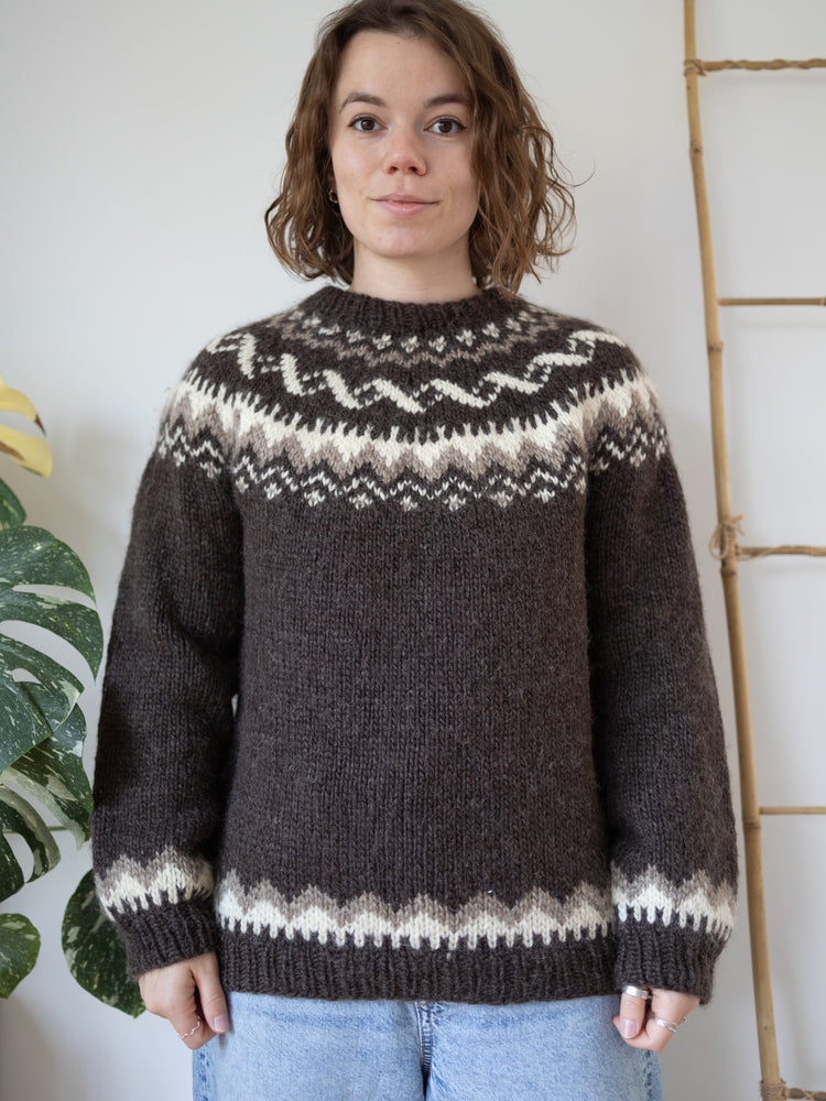 90s Brown Icelandic Style Wool Jumper - M