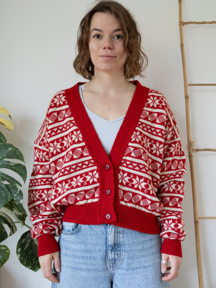 90s Nordstrikk Red Snowflake Cardigan - L
