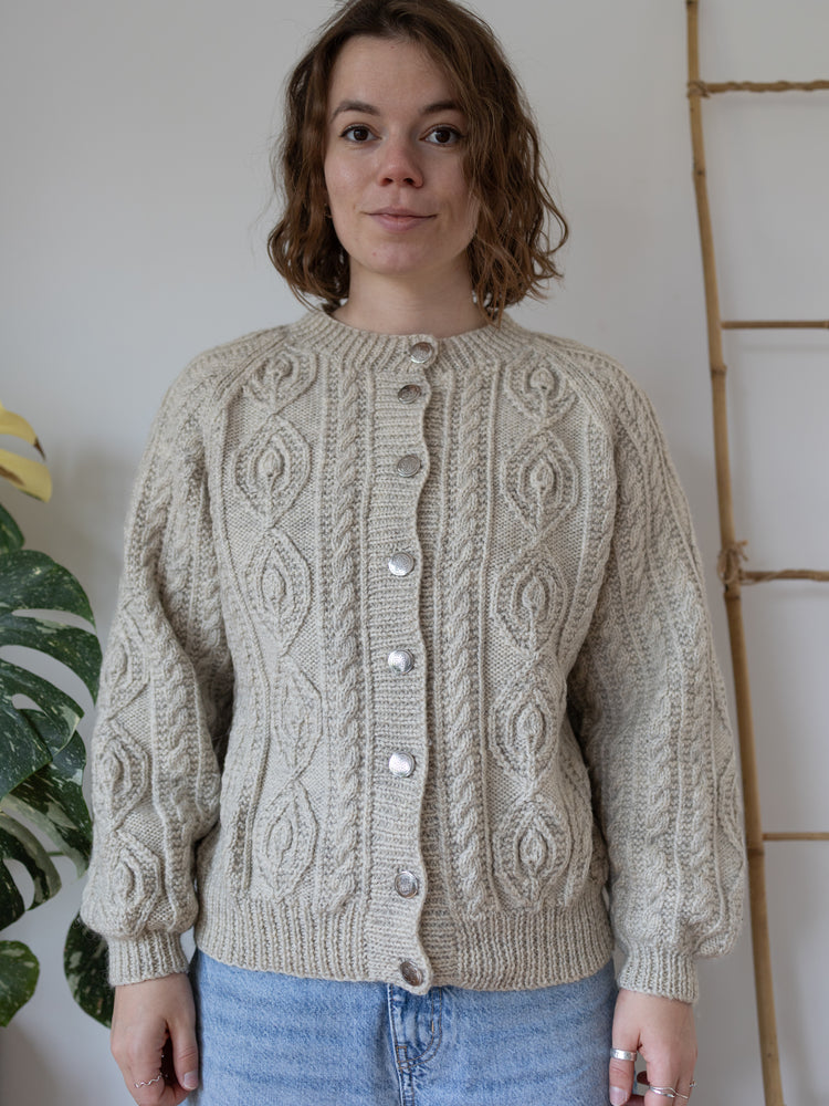 90s Grey Aran Cardigan - L