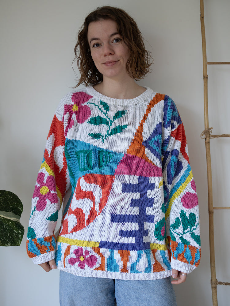 80s Abstract Floral Cotton Jumper - XL
