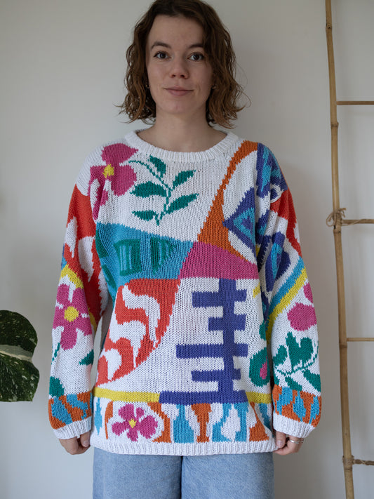 80s Abstract Floral Cotton Jumper - XL